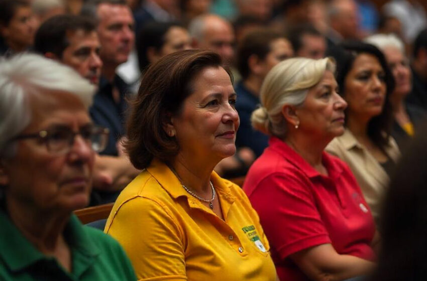 Imagem de um grupo de pessoas reunidas em um congresso, debatendo pautas trabalhistas e segurando materiais informativos. O ambiente transmite engajamento e mobilização sindical.