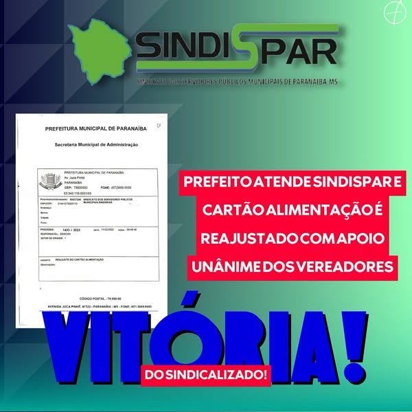 Imagem do documento oficial da Prefeitura Municipal de Paranaíba anunciando o reajuste do cartão alimentação após 13 anos, com destaque para o logotipo do SINDISPAR e detalhes da aprovação unânime na Câmara de Vereadores.