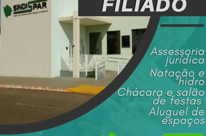 Imagem da sede do Sindispar, Sindicato dos Servidores Públicos Municipais de Paranaíba (MS). No banner, os benefícios para filiados são destacados, incluindo assessoria jurídica, atividades esportivas como natação e hidroginástica, além da disponibilidade de chácara, salão de festas e aluguel de espaços.