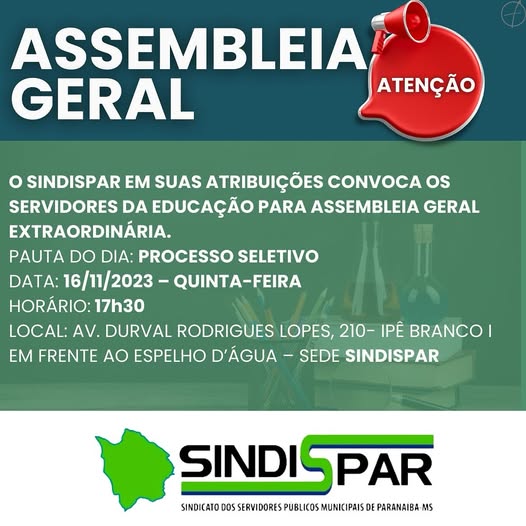 Imagem de convocação para a Assembleia Geral Extraordinária do SINDISPAR, com data, horário, local e pauta do dia.