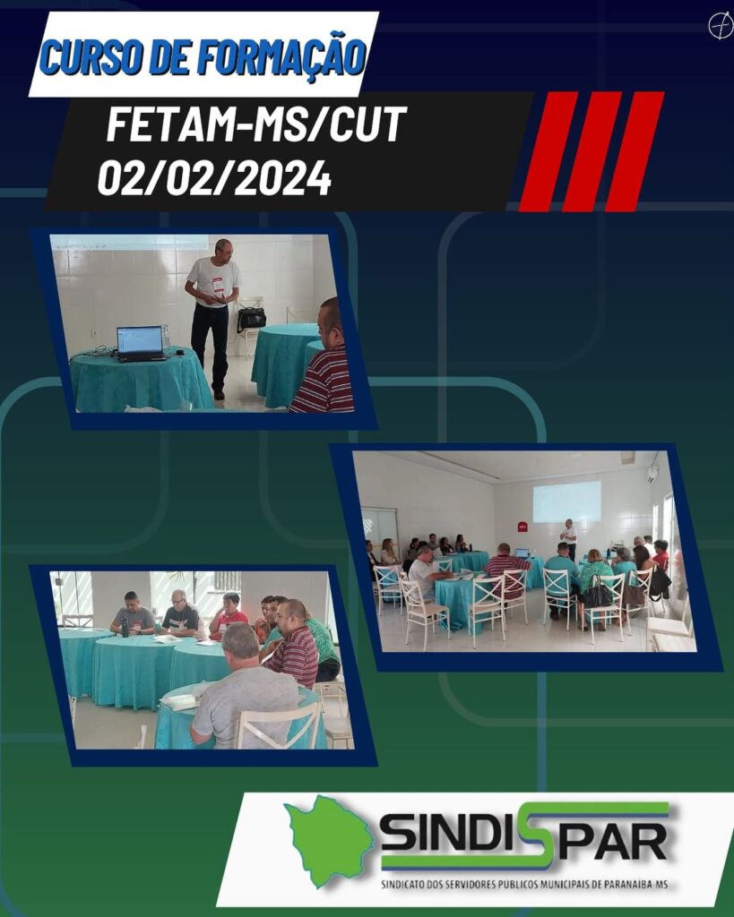 Imagem do banner do Curso de Formação promovido por SINDISPAR e FETAM-MS/CUT em 02/02/2024 para servidores públicos municipais de Paranaíba-MS.