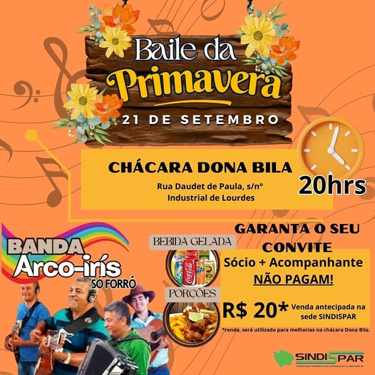 Cartaz do evento Balle da Primavera no SINDISPAR, dia 21/12, na Chácara Donabila.