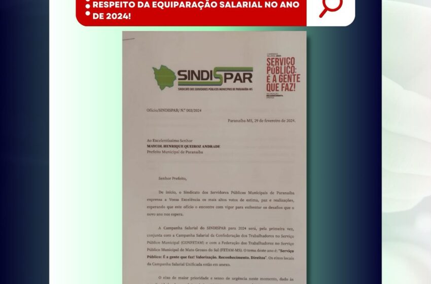 Documento do SINDISPAR protocolado na Prefeitura de Paranaíba-MS reivindicando aumento salarial para servidores públicos em 2024.