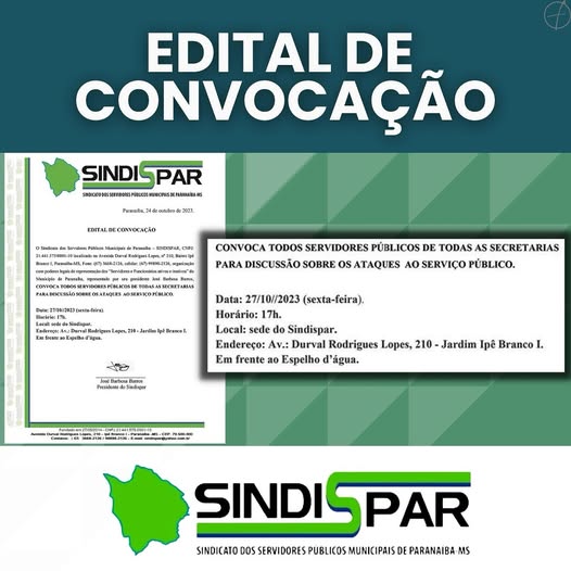 Card digital do SINDISPAR com fundo verde e branco, contendo um edital de convocação para uma reunião de servidores públicos municipais de Paranaíba. O evento acontecerá no dia 27/10/2023, às 17h, na sede do sindicato. A logo do SINDISPAR está presente na parte inferior da imagem.