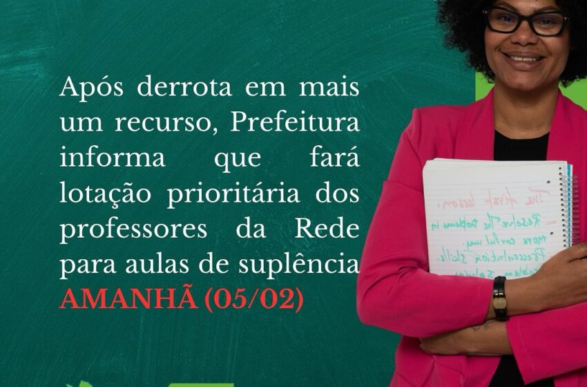 Imagem com texto informando a vitória do Sindispar, garantindo lotação prioritária para professores da Rede Municipal em aulas de suplência a partir de 05/02.